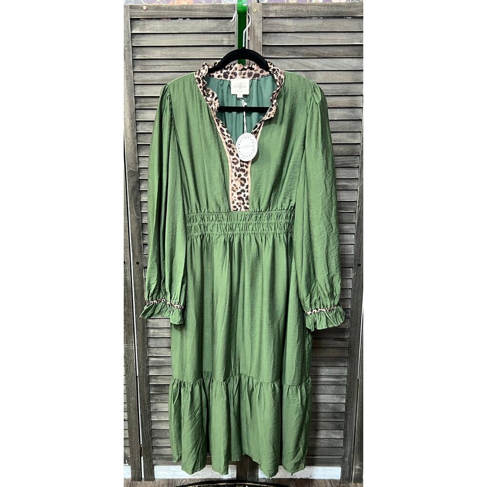 Umgee Olive Leopard Trim Midi Dress Smocked Waist Lined NWT Plus 2X - Picture 2 of 8